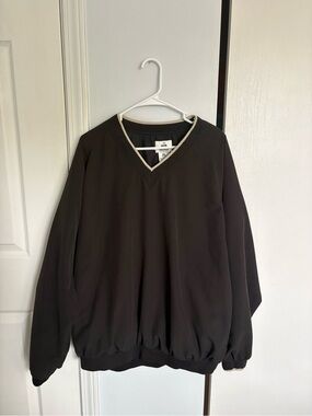 Men's V-Neck Windbreaker Pullover Jacket - Black with Cream Trim